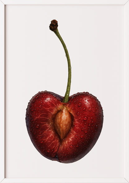Halbierte Kirsche Kunstdruck mit weißem Rahmen – moderne Frucht Deko