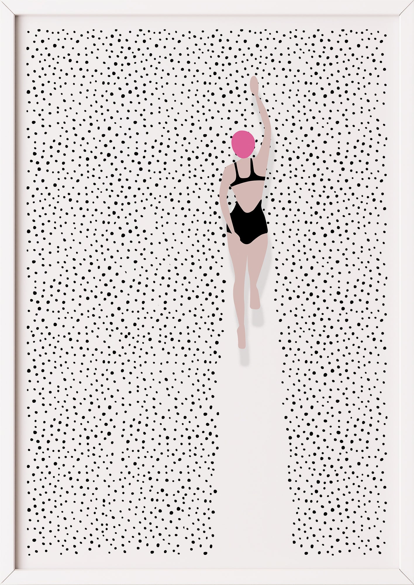 Hochformatiges Poster „Swimming In Dots“ mit weißem Rahmen, freigestellt.