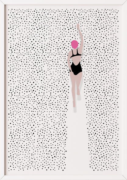 Hochformatiges Poster „Swimming In Dots“ mit weißem Rahmen, freigestellt.