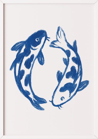 Koi Fisch Line Art Kunstdruck in Blau mit weißem Rahmen – asiatische Wandkunst