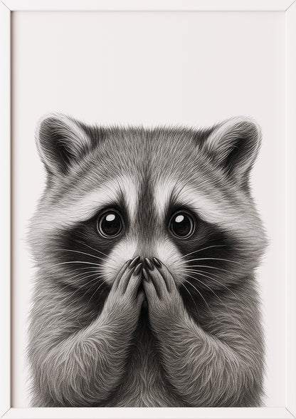Waschbär Kunstdruck mit Händen vor dem Mund in weißem Rahmen, charmante Wandkunst für dein Zuhause