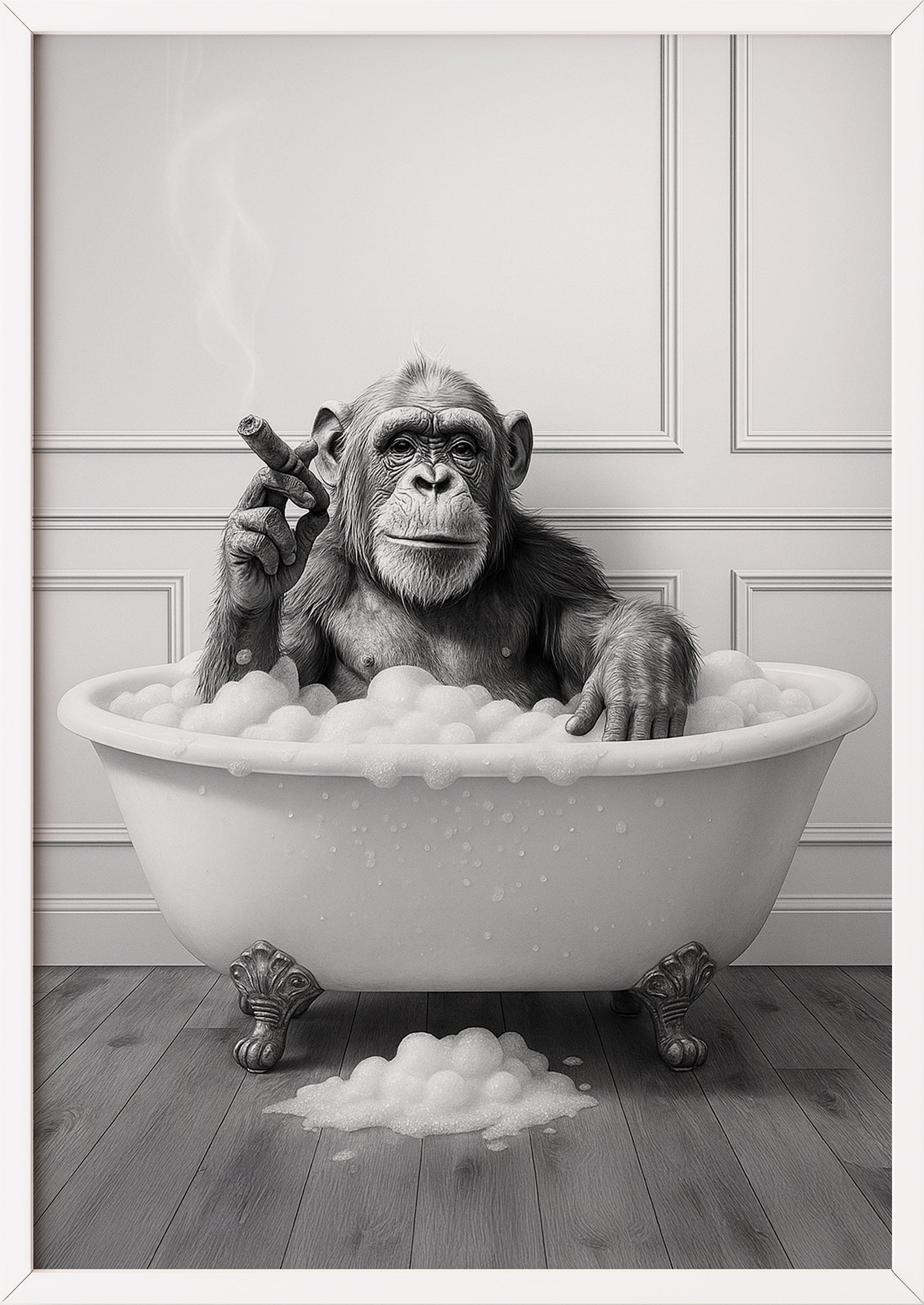 Affen Kunstdruck in Badewanne mit weißem Rahmen – lustiges Kunstposter für die Wand