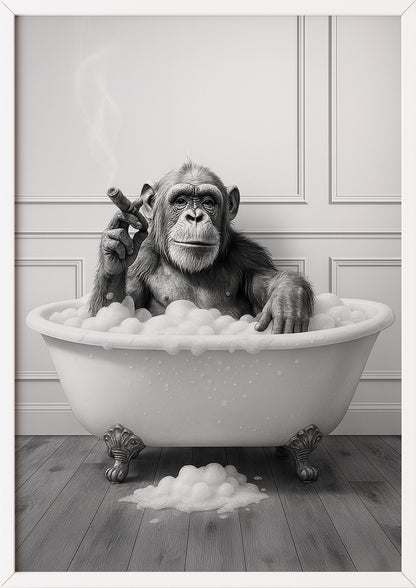 Affen Kunstdruck in Badewanne mit weißem Rahmen – lustiges Kunstposter für die Wand