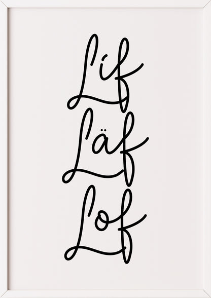 Typografie Poster „Lif Läf Lof“ in weißem Rahmen.