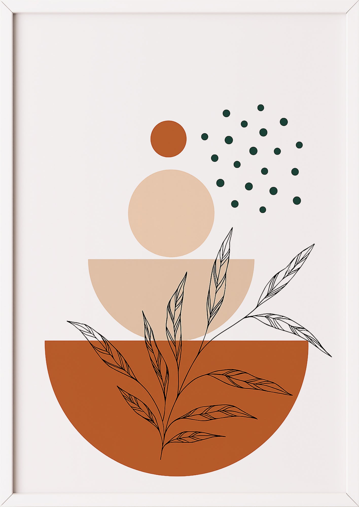 Boho Poster mit Kreisen & feinen Blättern in weißem Rahmen – stilvolle Kunst für dein Zuhause