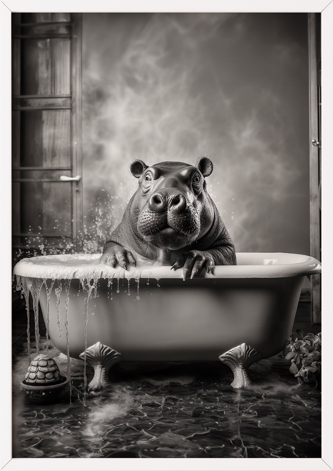 witziges schwarz-weiß bild eines löwen in einer badewanne eingerahmt in weiß das in einem modernen wohnzimmer für einen eyecatcher sorgt