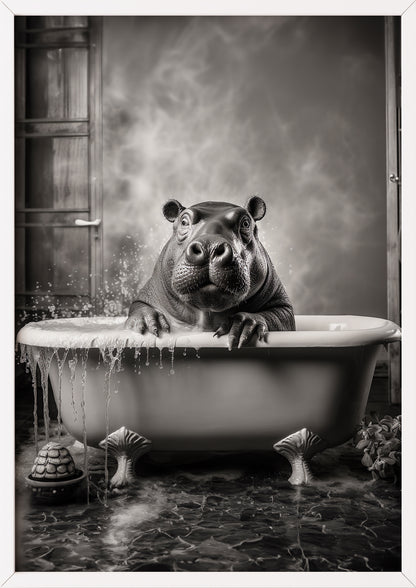 witziges schwarz-weiß bild eines löwen in einer badewanne eingerahmt in weiß das in einem modernen wohnzimmer für einen eyecatcher sorgt