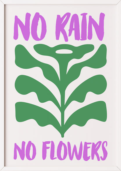 Hochformatiges Poster „No Rain No Flowers“ mit weißem Rahmen, freigestellt.