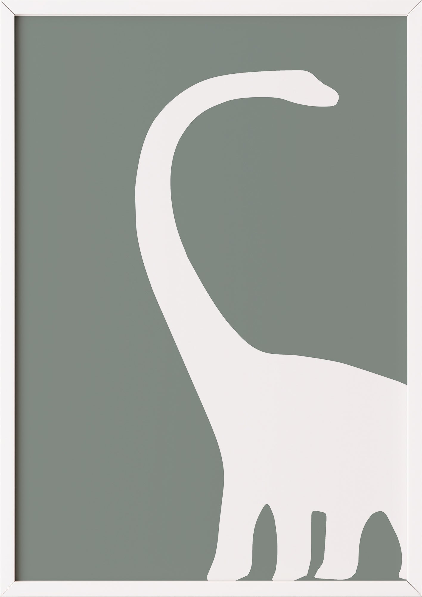 die gleiche grafik präsentiert sich in einem feinen weißen rahmen der das minimalistische dinosaurier motiv dezent unterstützt