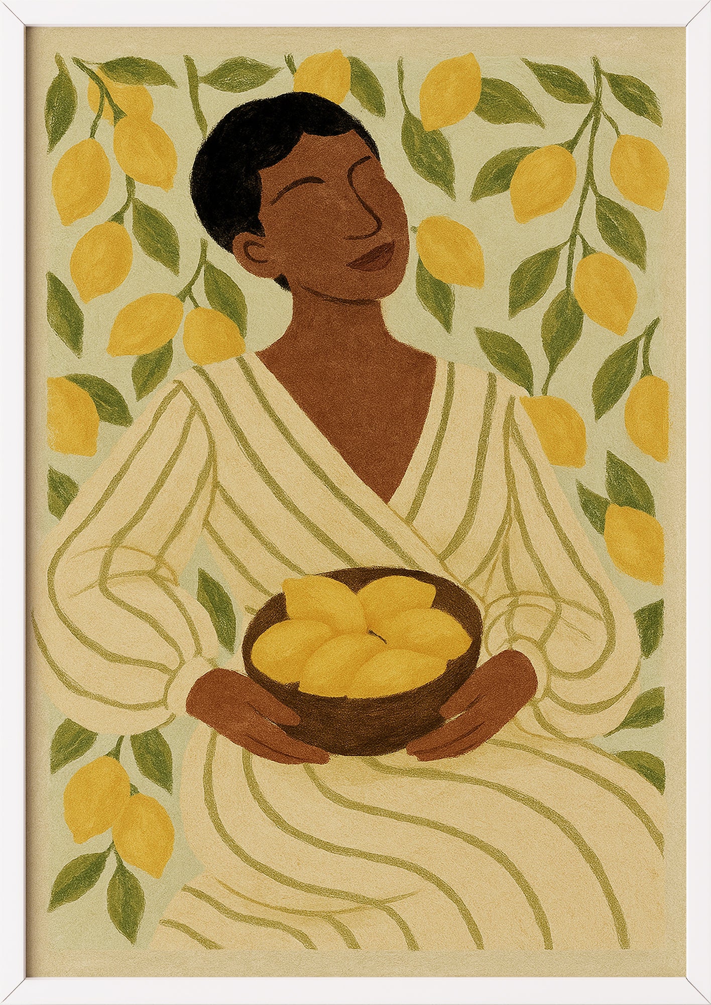 Frau mit Zitronen Poster im weißen Rahmen an der Wand
