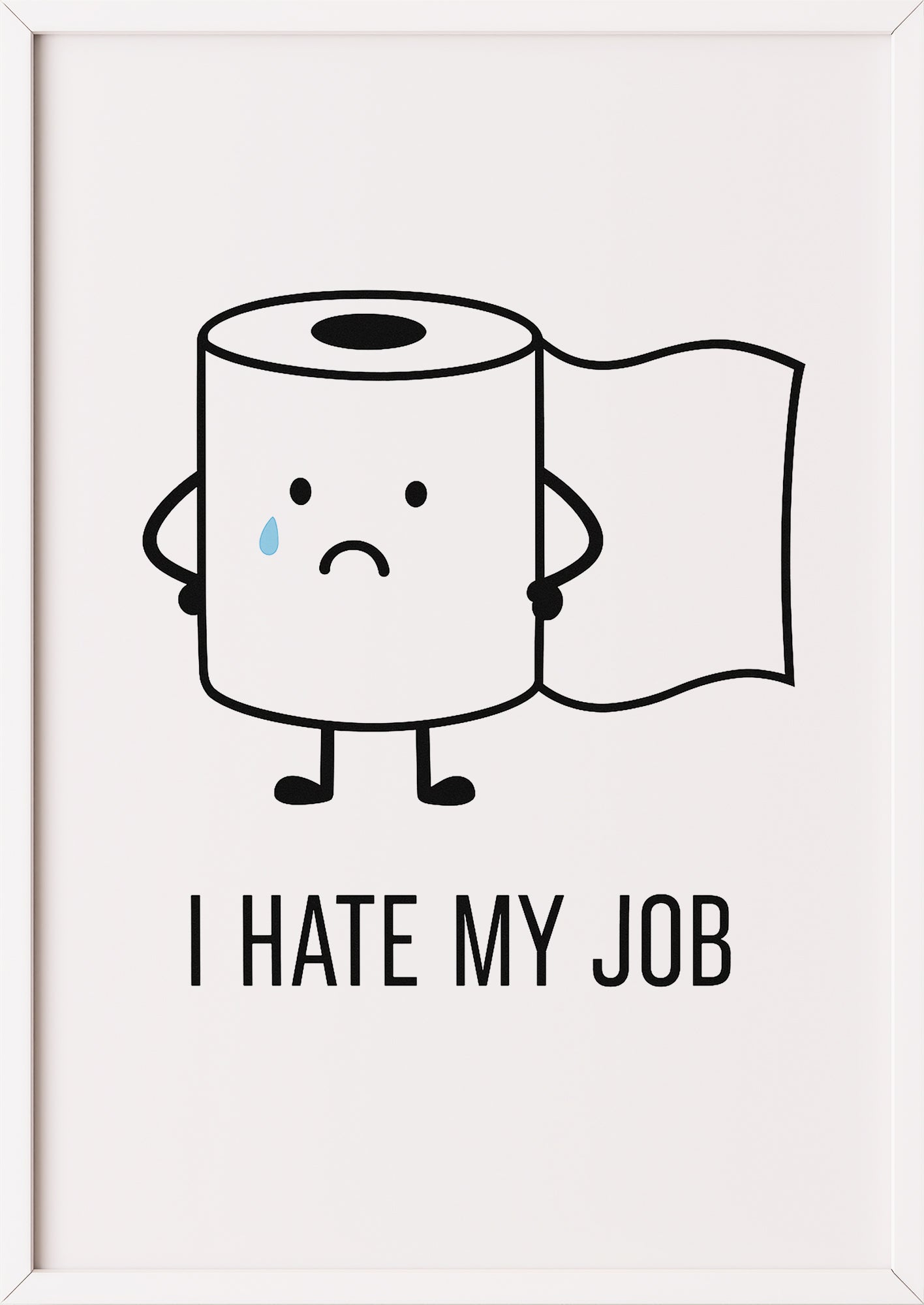 Ein humorvolles Toilettenpapier Poster mit weißem Rahmen, perfekt über dem Handtuchhalter