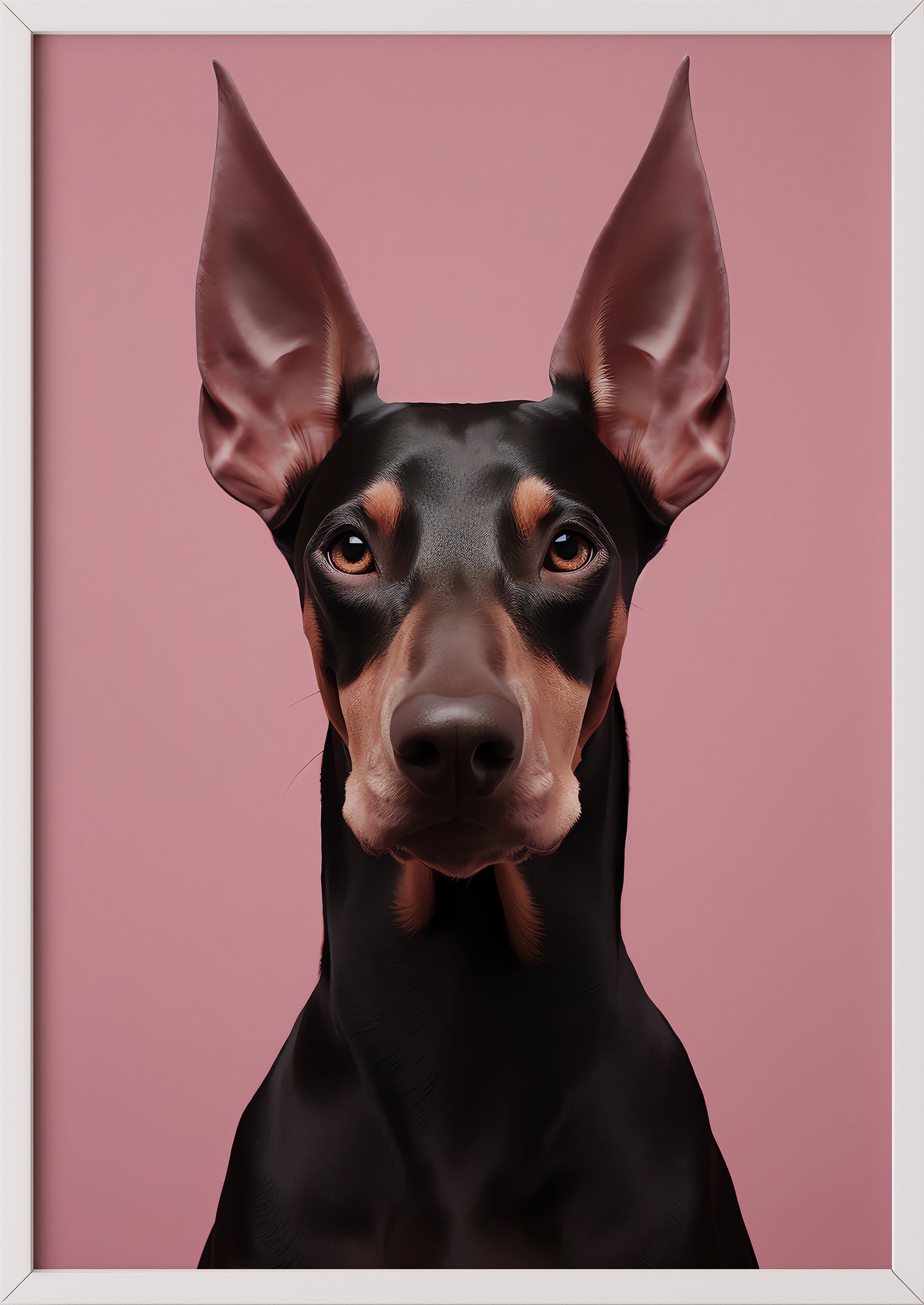 derselbe dobermann print wirkt in einem weißen rahmen besonders leicht und lässt sich harmonisch in skandinavische einrichtungen integrieren