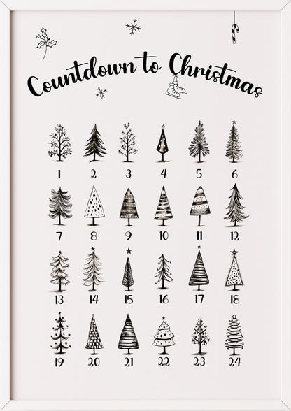 Weihnachts-Poster „Countdown to Christmas“ im weißen Holzrahmen