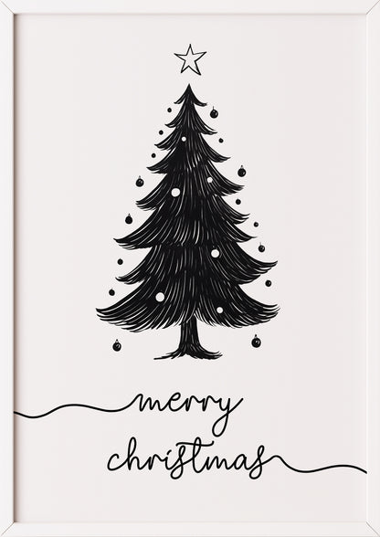 Poster mit schwarzem Weihnachtsbaum und Schriftzug im weißen Holzrahmen
