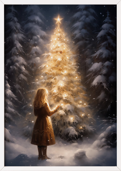 Poster mit leuchtendem Weihnachtsbaum im schwarzen Holzrahmen