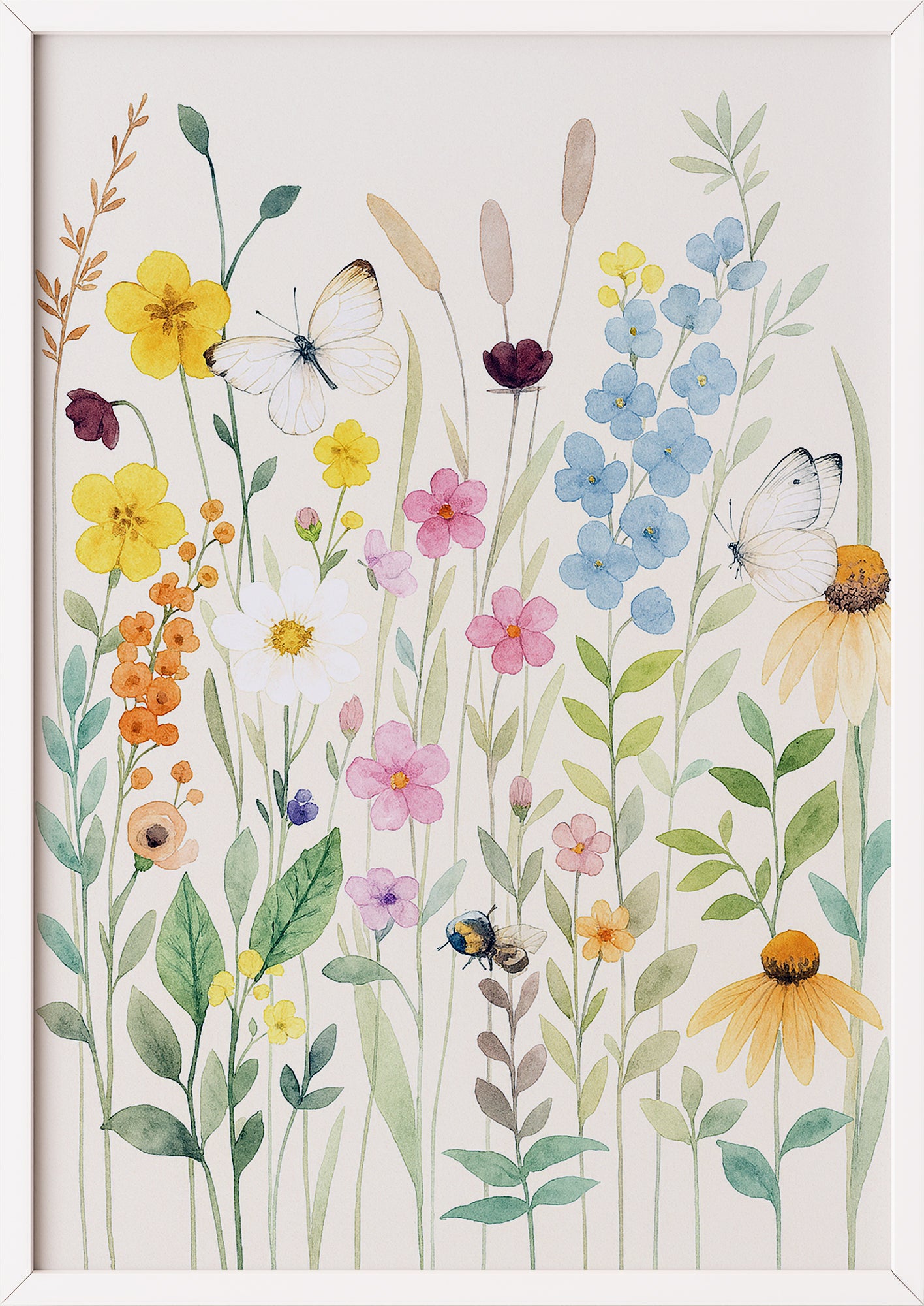 Florale Aquarellzeichnung im weißen Rahmen mit Schmetterlingsmotiv