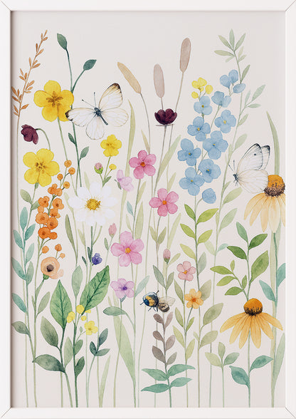 Florale Aquarellzeichnung im weißen Rahmen mit Schmetterlingsmotiv