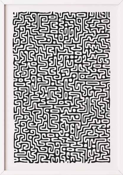 Feines Schwarz-Weiß-Linienmuster in weißem Rahmen, modernes organisches Design auf weißem Hintergrund