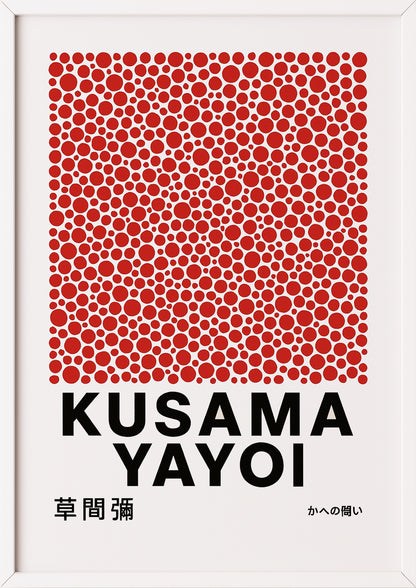 yayoi kusama red dots poster gerahmt in weißem rahmen für minimalistisches interieur