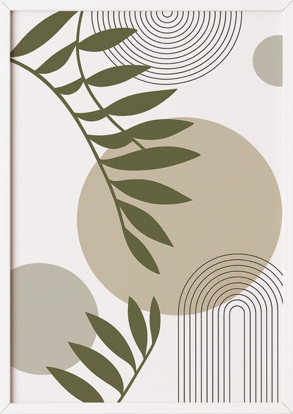 Boho Poster mit Blättern & Linienkreisen in Grün Beige mit weißem Rahmen – moderne Deko fürs Zuhause