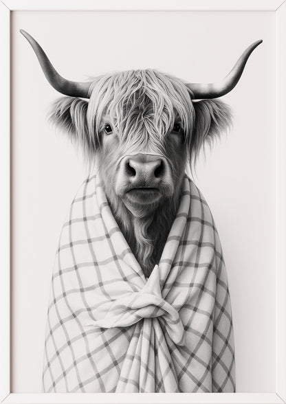 Hochlandrind Illustration gerahmt in weißem Rahmen an der Wand