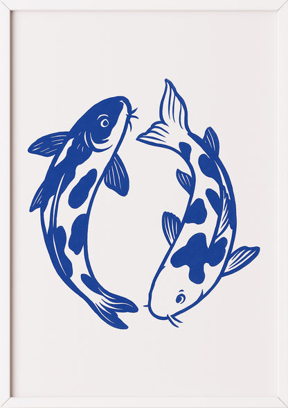 Koi Fisch Kunstdruck in Blau mit weißem Rahmen – minimalistisches Kunstposter für moderne Räume