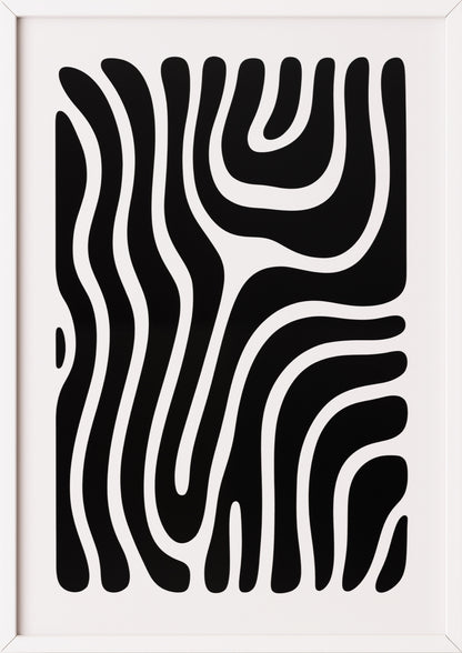 Abstraktes Poster mit Wellenmuster in Schwarz-Weiß im weißen Holzrahmen