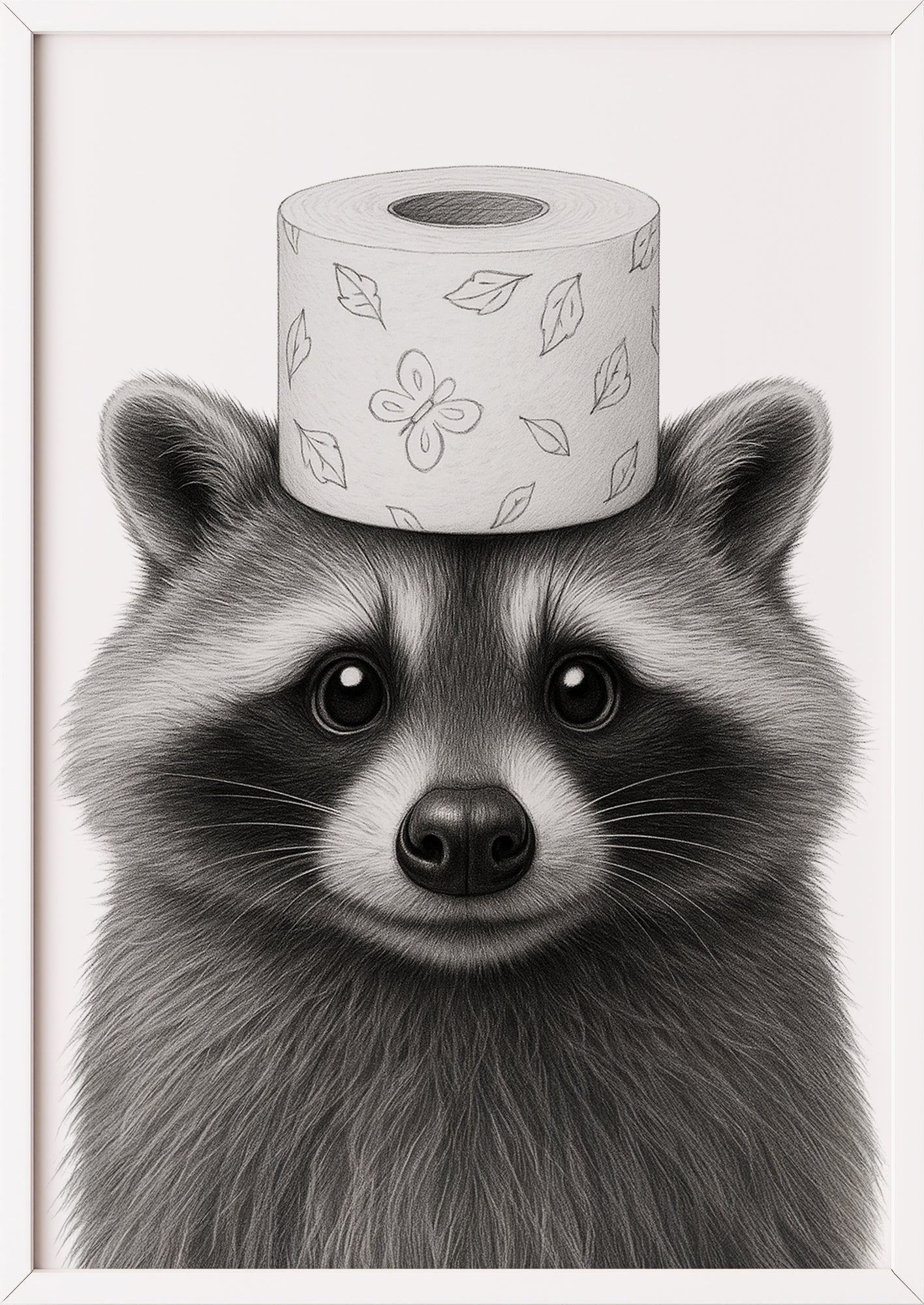 Waschbär Kunstdruck mit Klorolle in weißem Rahmen, kreative Dekoidee für Bad oder Gäste-WC