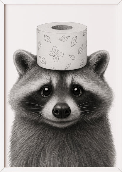 Waschbär Kunstdruck mit Klorolle in weißem Rahmen, kreative Dekoidee für Bad oder Gäste-WC
