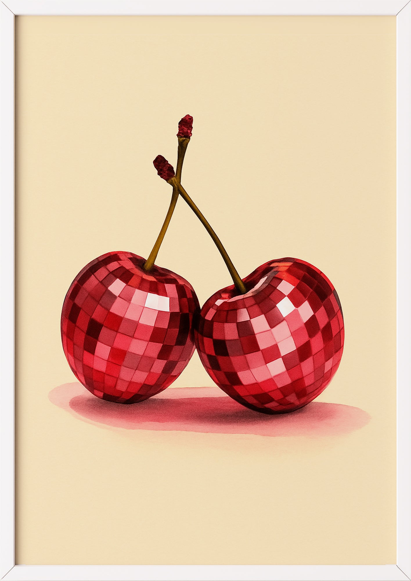 Pop Art Kirschen im weißen Rahmen auf hellem Untergrund