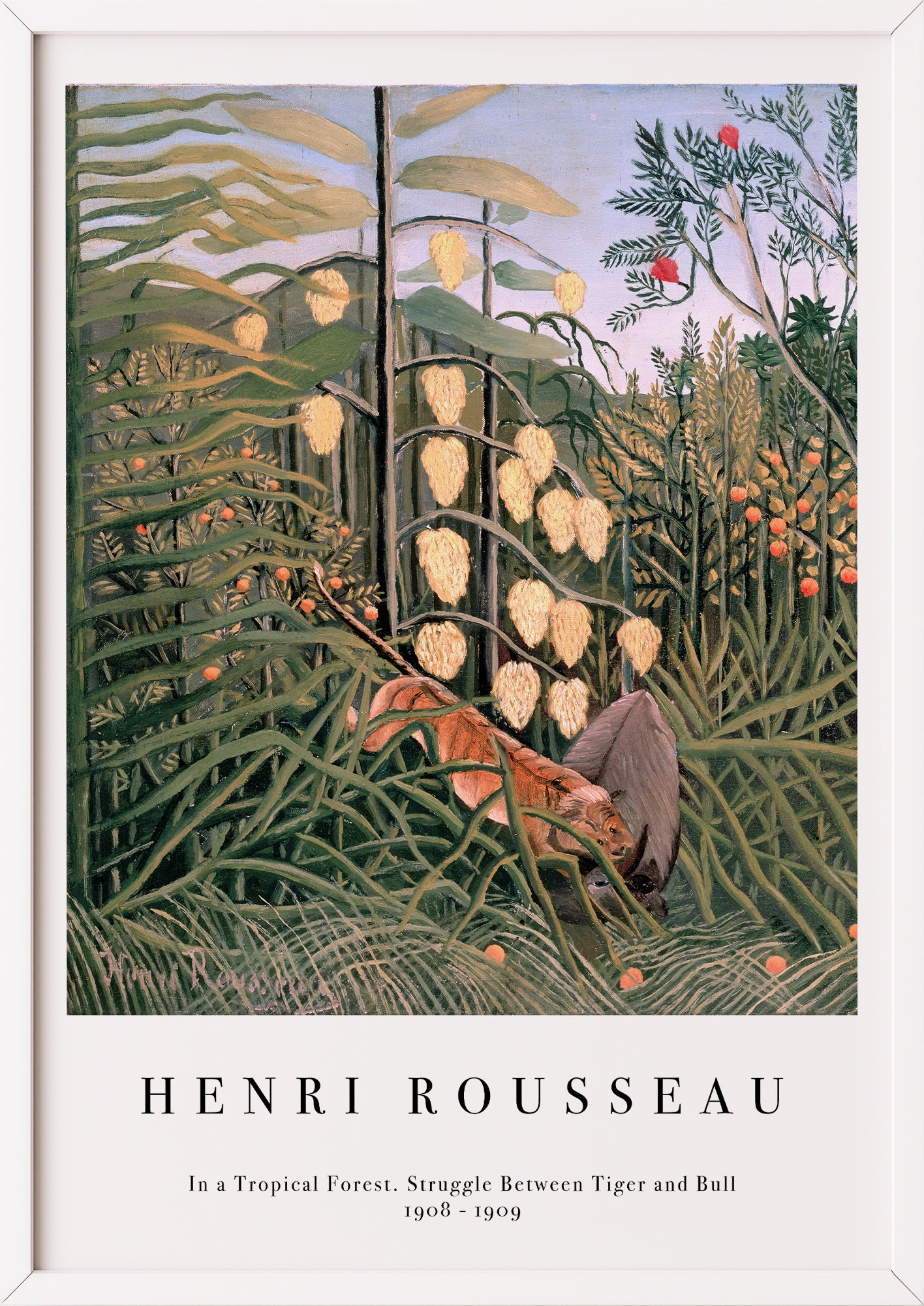 Nahaufnahme von In a Tropical Forest. Struggle Between Tiger and Bull von Henri Rousseau als Poster