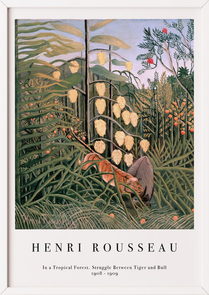 Nahaufnahme von In a Tropical Forest. Struggle Between Tiger and Bull von Henri Rousseau als Poster