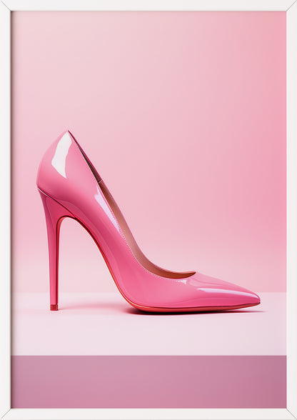 Poster pinker High Heel in weißem Holzrahmen