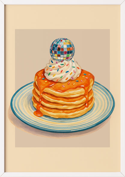 Pancake-Illustration mit Sahne, Streuseln und Diskokugel im weißen Rahmen