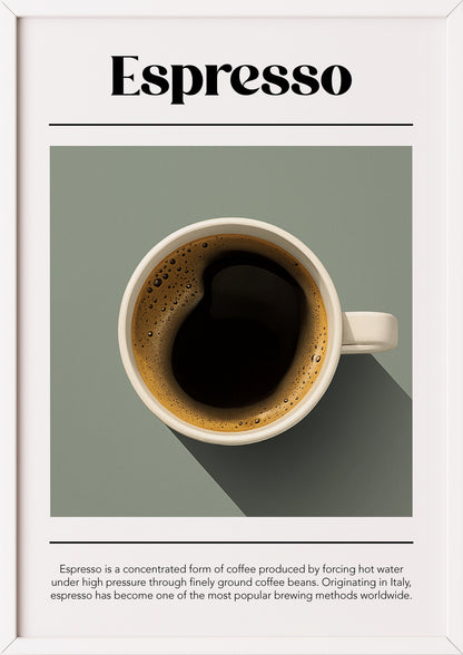 Espresso-Motiv mit Tasse und Erklärung im weißen Rahmen auf heller Fläche