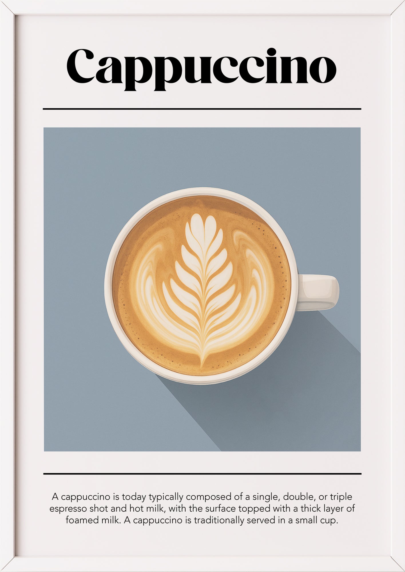 Poster mit Cappuccino-Illustration und Text im weißen Rahmen auf neutralem Hintergrund