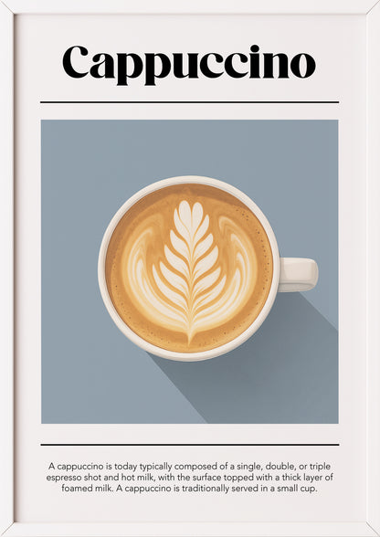 Poster mit Cappuccino-Illustration und Text im weißen Rahmen auf neutralem Hintergrund