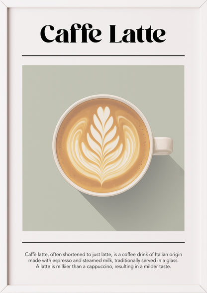 Latte-Illustration mit Infotext im weißen Rahmen auf heller Fläche