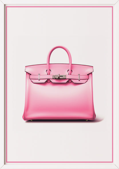 Poster pinke Designer-Handtasche in weißem Holzrahmen