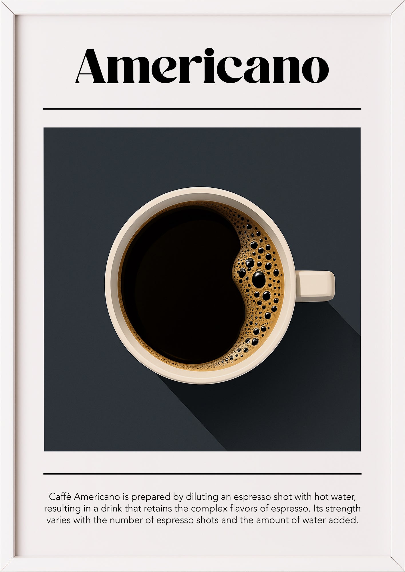 Poster mit Americano-Tasse und Infotext im weißen Rahmen auf grauem Hintergrund