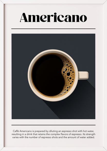 Poster mit Americano-Tasse und Infotext im weißen Rahmen auf grauem Hintergrund
