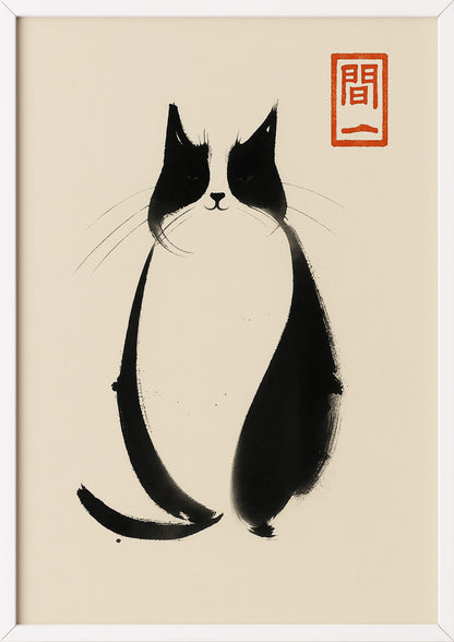 Poster einer meditativen Katze in Weißrahmen auf neutraler Fläche