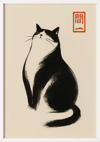 Stolze Katzenillustration im Zen-Stil im weißen Rahmen auf hellem Untergrund