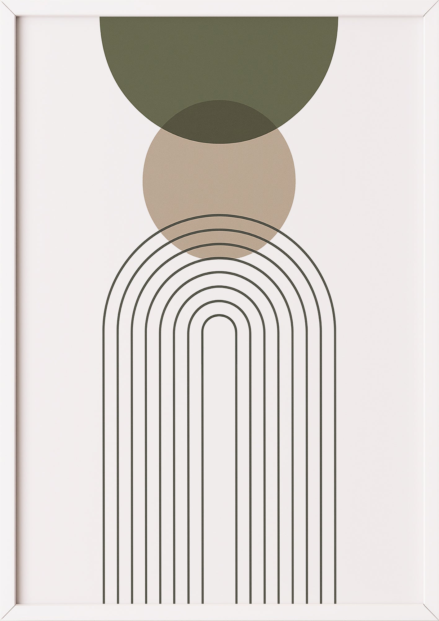 Geometrisches Boho Poster in Grün Beige mit weißem Rahmen – moderne Wanddeko