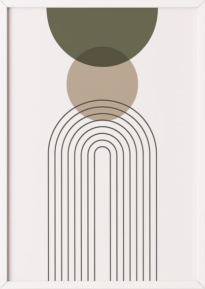 Geometrisches Boho Poster in Grün Beige mit weißem Rahmen – moderne Wanddeko