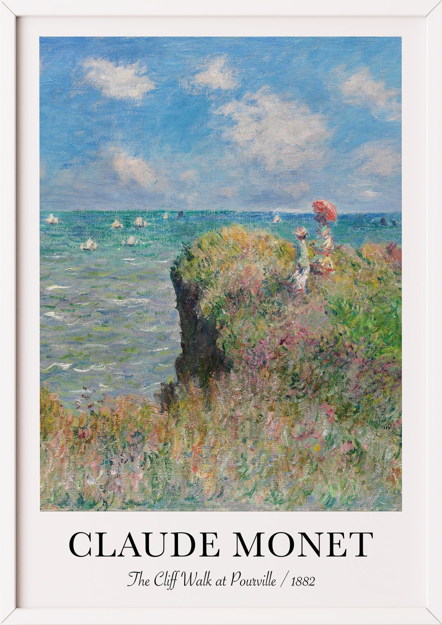 Claude Monet Poster The Cliff Walk at Pourville im weißen Rahmen – klassische Küstenkunst