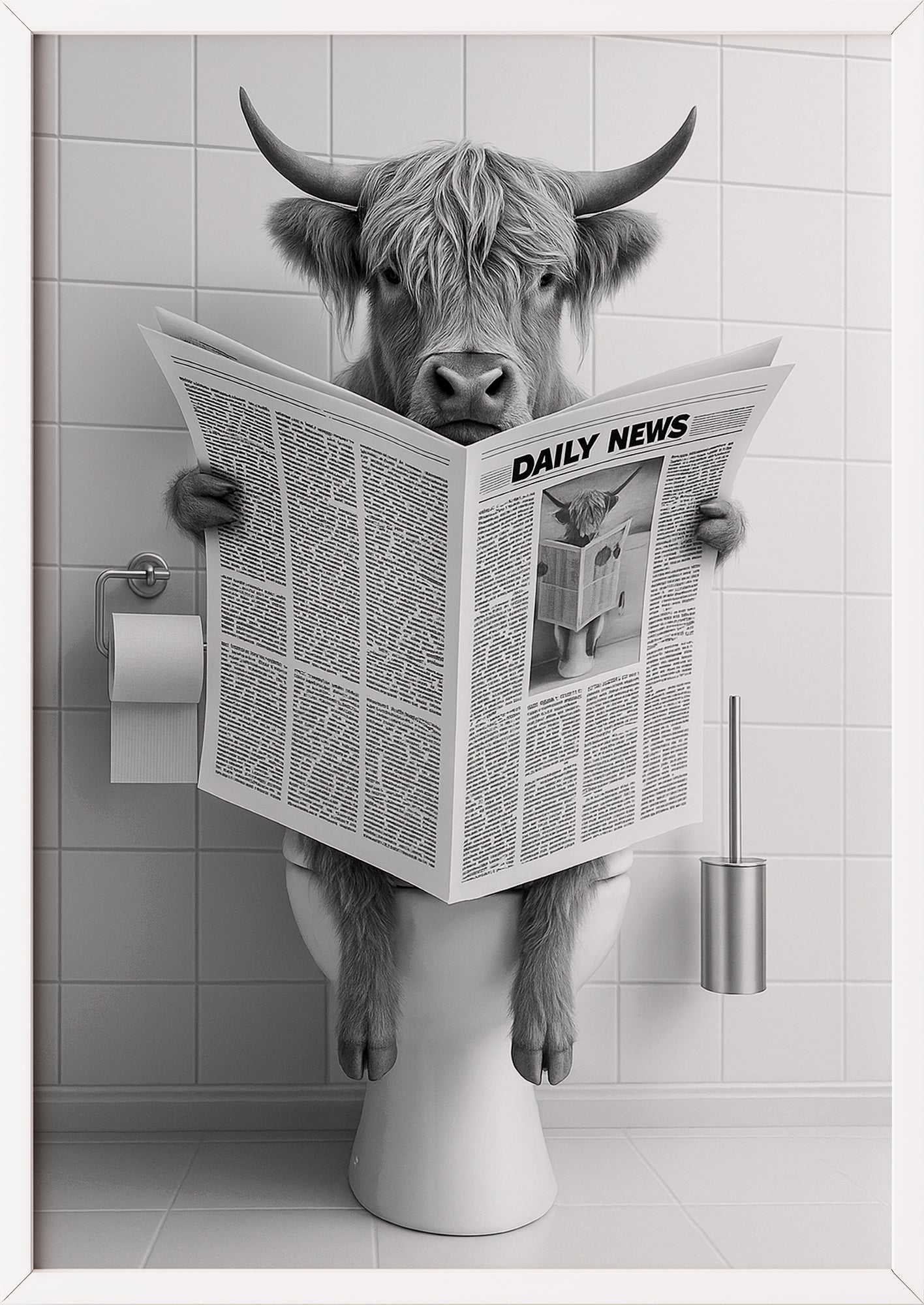 Bild Hochlandrind mit Zeitung gerahmt in weißem Rahmen