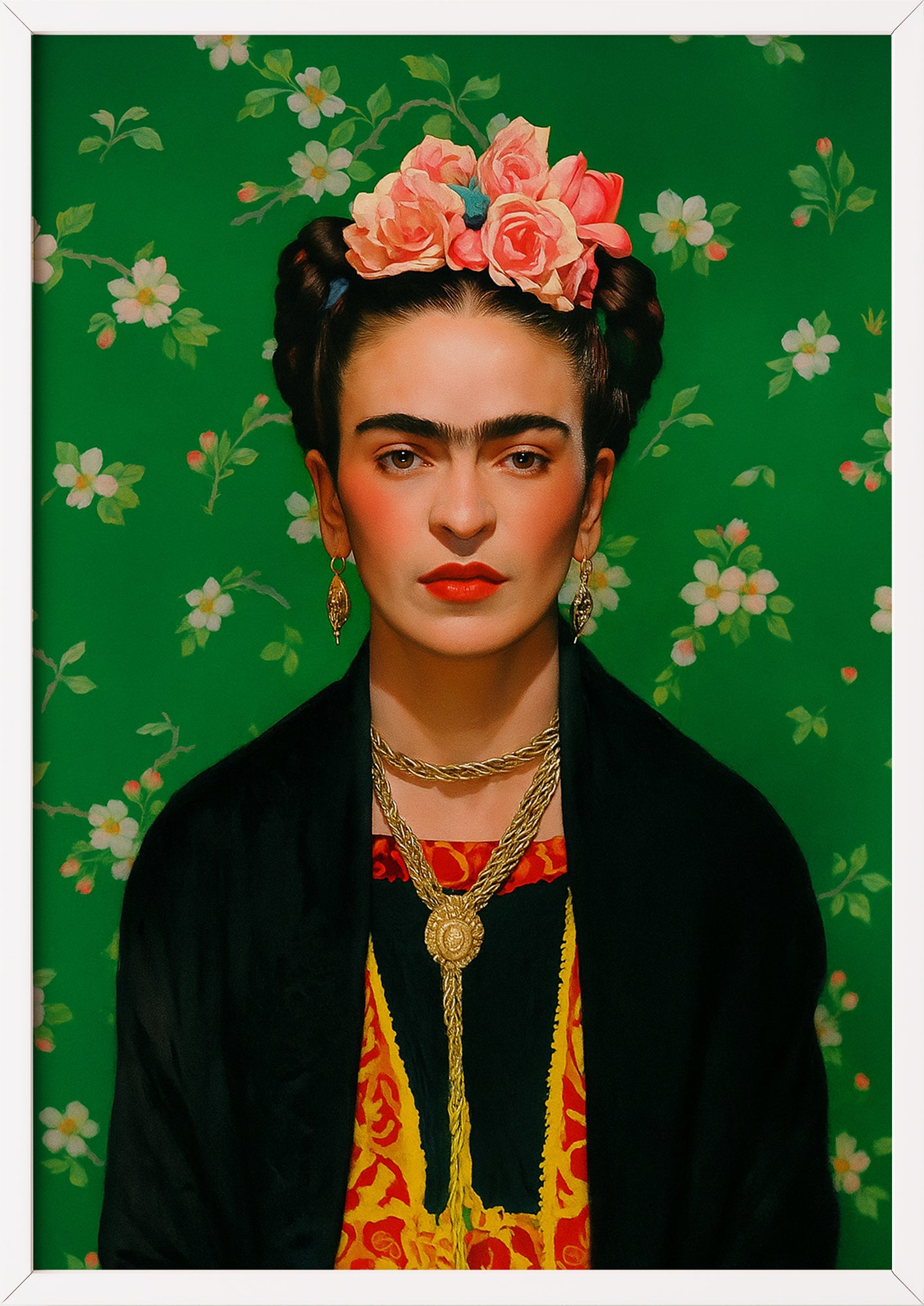 Frida Kahlo Porträt auf grünem Hintergrund, gerahmt in weißem Rahmen