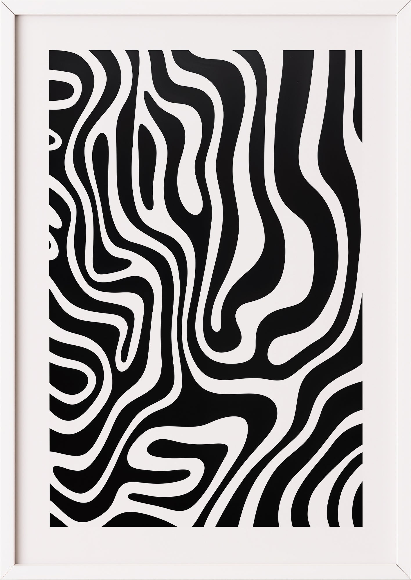 Abstraktes Poster mit Linienmuster in Schwarz-Weiß im weißen Holzrahmen