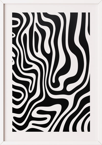 Abstraktes Poster mit Linienmuster in Schwarz-Weiß im weißen Holzrahmen